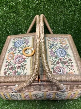Vintage Floral Tapestry Sewing Basket in Beige and Pink